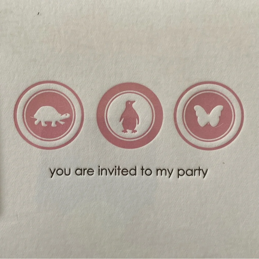 Party Invitations New Set Of 8 Animals NIB Butterfly Penguin Turtle Pink 5” 3.5”